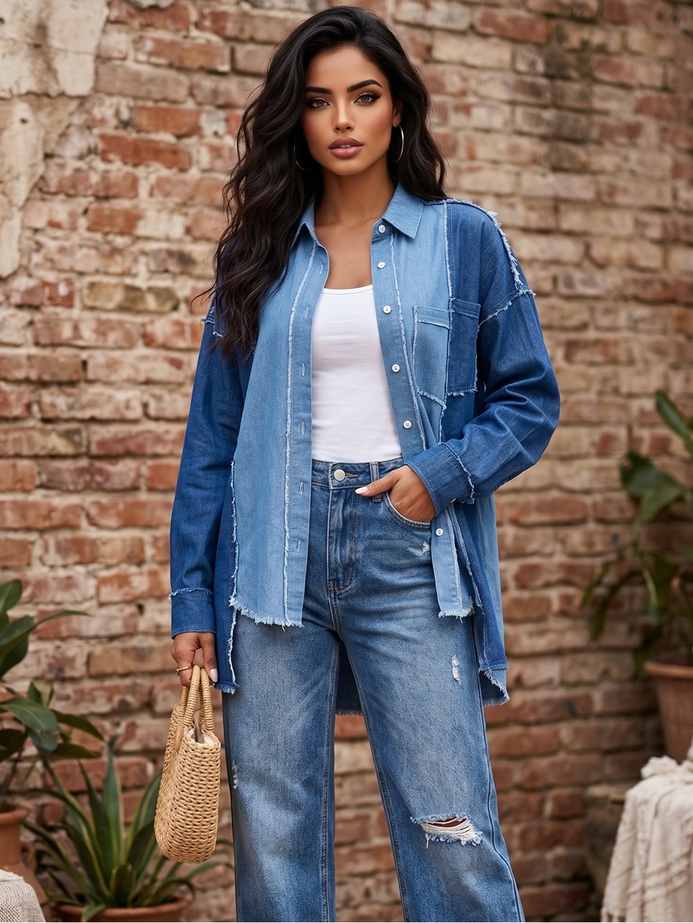 🌟B696. Stylish Denim Patchwork Button Down Shirt